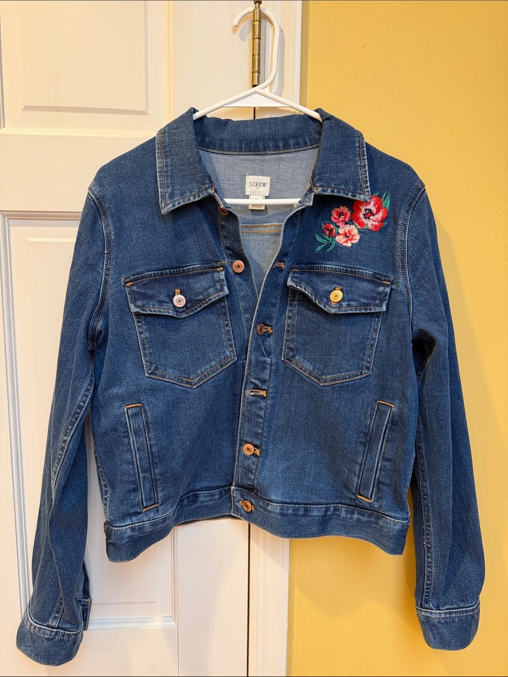 J. Crew Blue Denim Jacket with Red Floral Embroidery, medium.